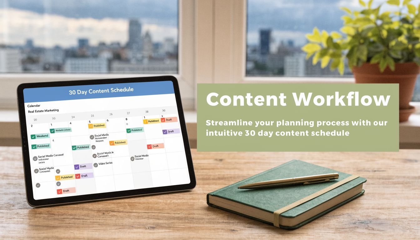 A digital tablet displaying a 30-day content schedule on a desk with a notebook and pen.
