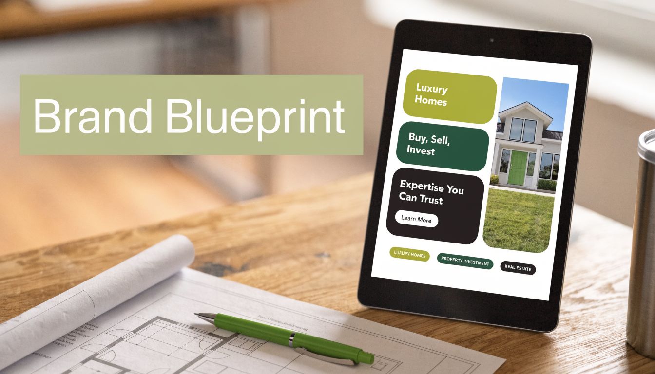 A tablet on a desk displaying real estate branding with a blueprint and pen in the foreground.