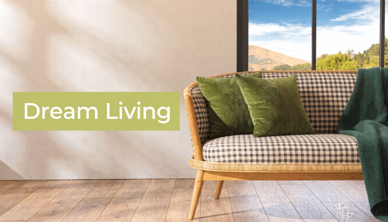 A modern sofa with green pillows and a throw blanket placed against a light beige wall.