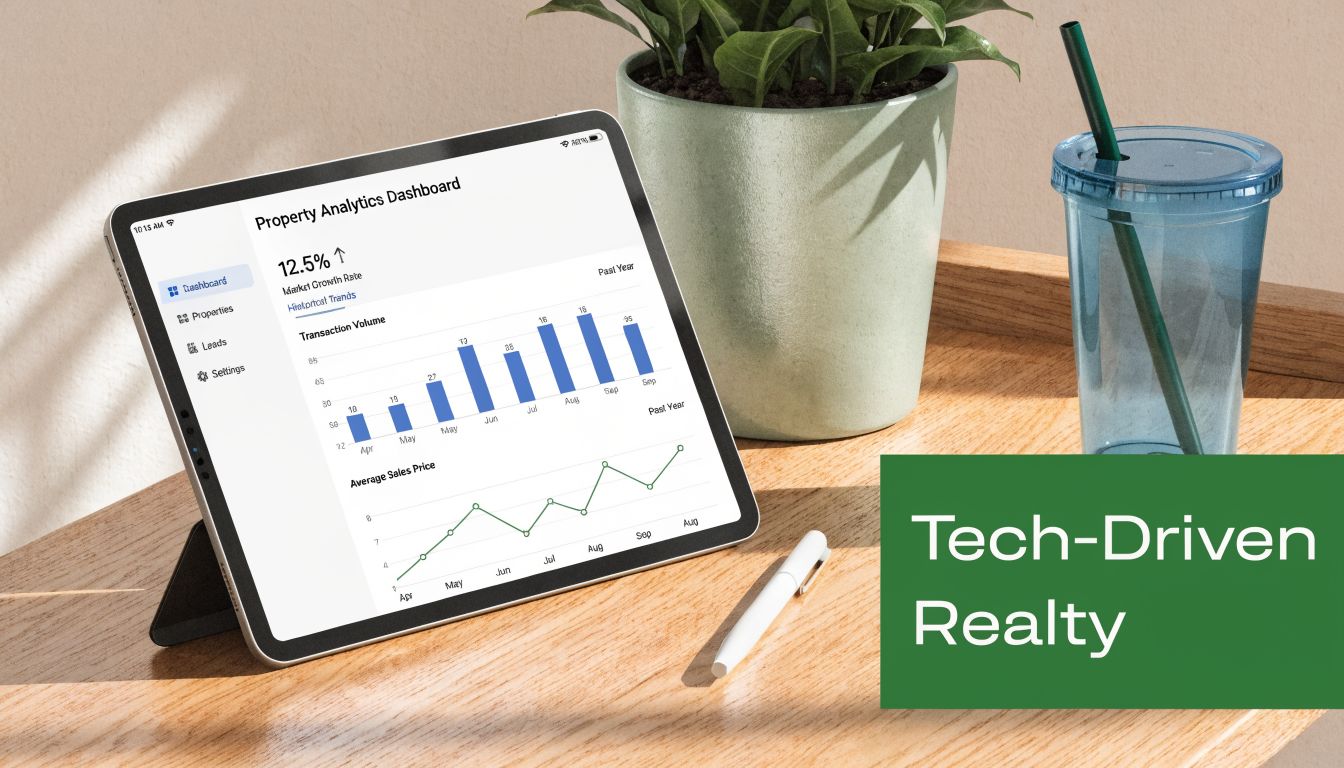 A digital tablet displaying a real estate property analytics dashboard sitting on a wooden desk near a plant.