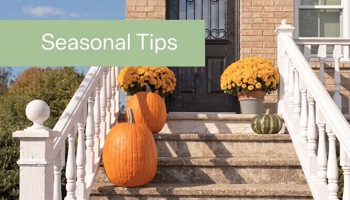 A house entrance with fall decorations featuring pumpkins and yellow chrysanthemums on concrete front porch stairs.