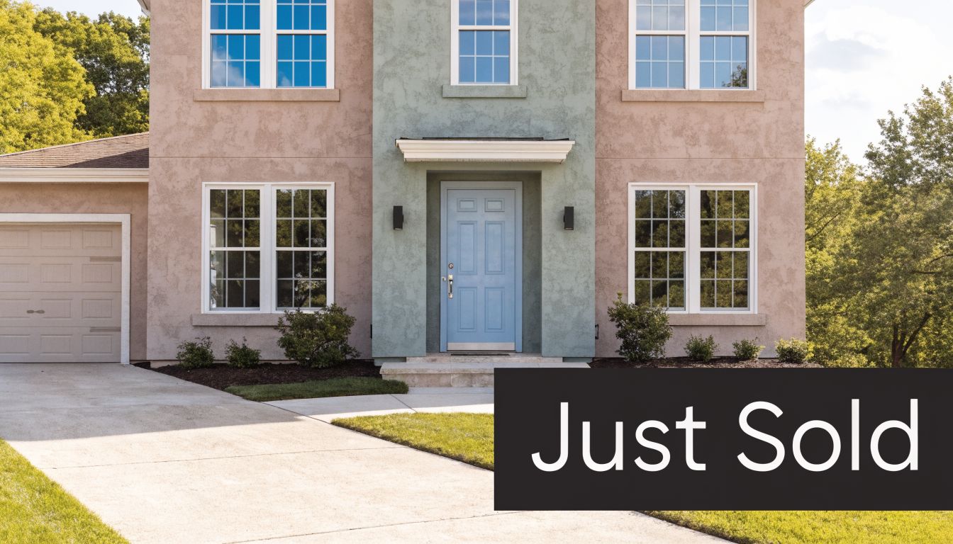 A two-story suburban house with a blue front door, a concrete driveway, and a Just Sold sign.