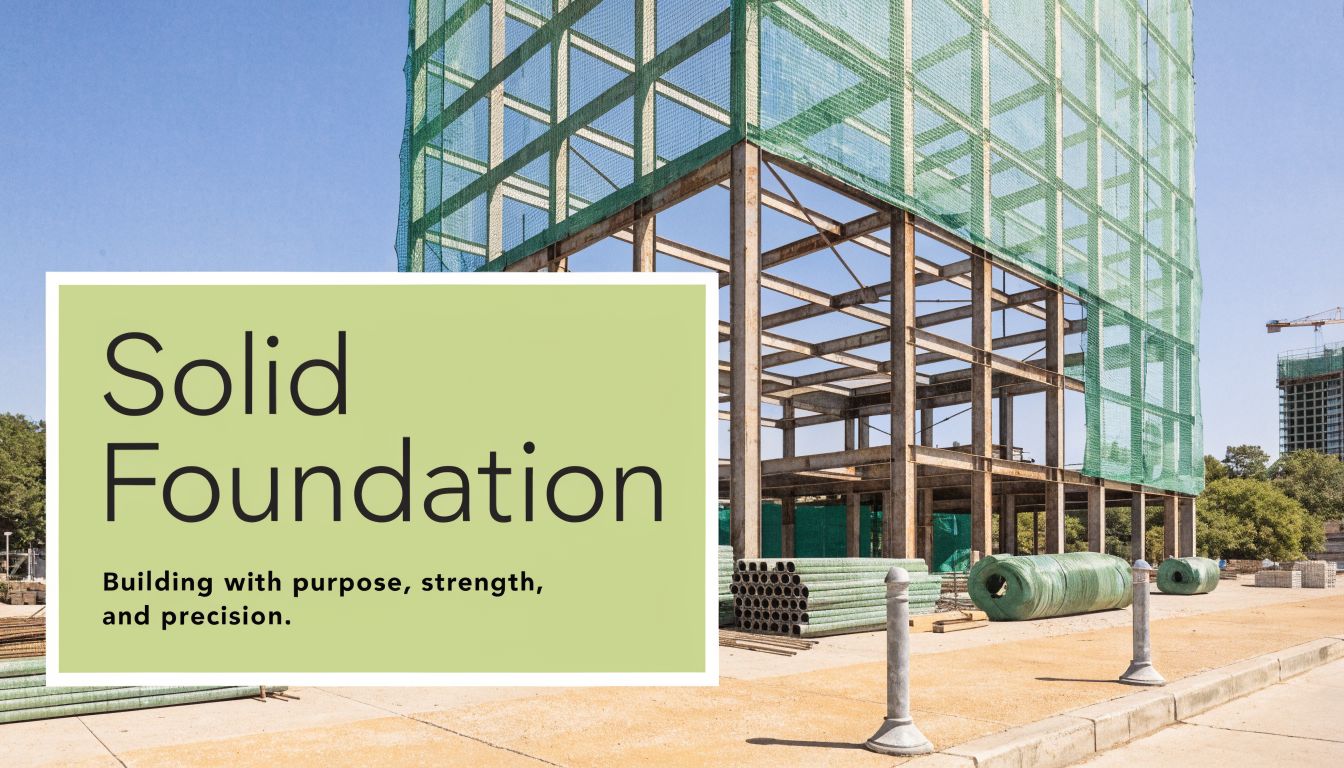 A construction site featuring a steel frame structure and a light green sign reading Solid Foundation.