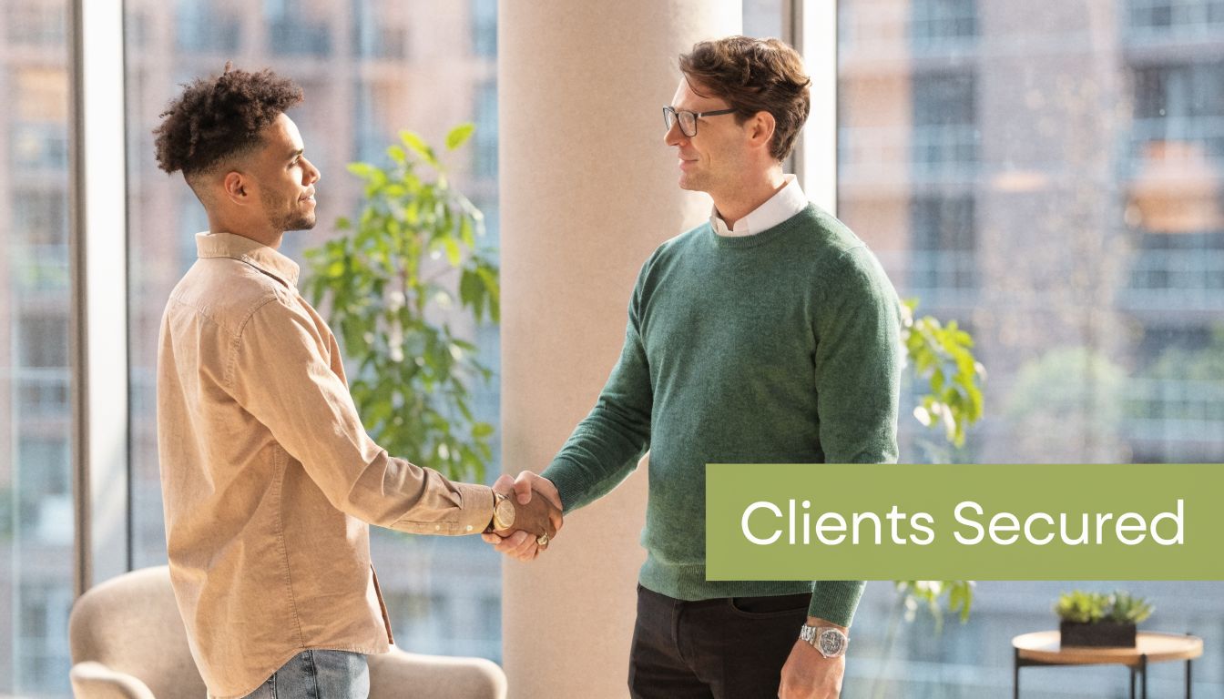 A professional man and a client shaking hands in a bright, modern office to secure a deal.