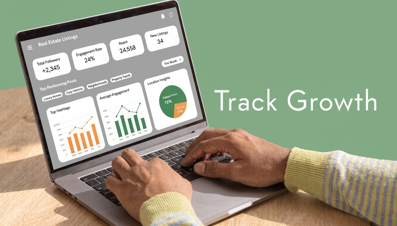A person using a laptop to view real estate social media marketing analytics and performance data dashboard.
