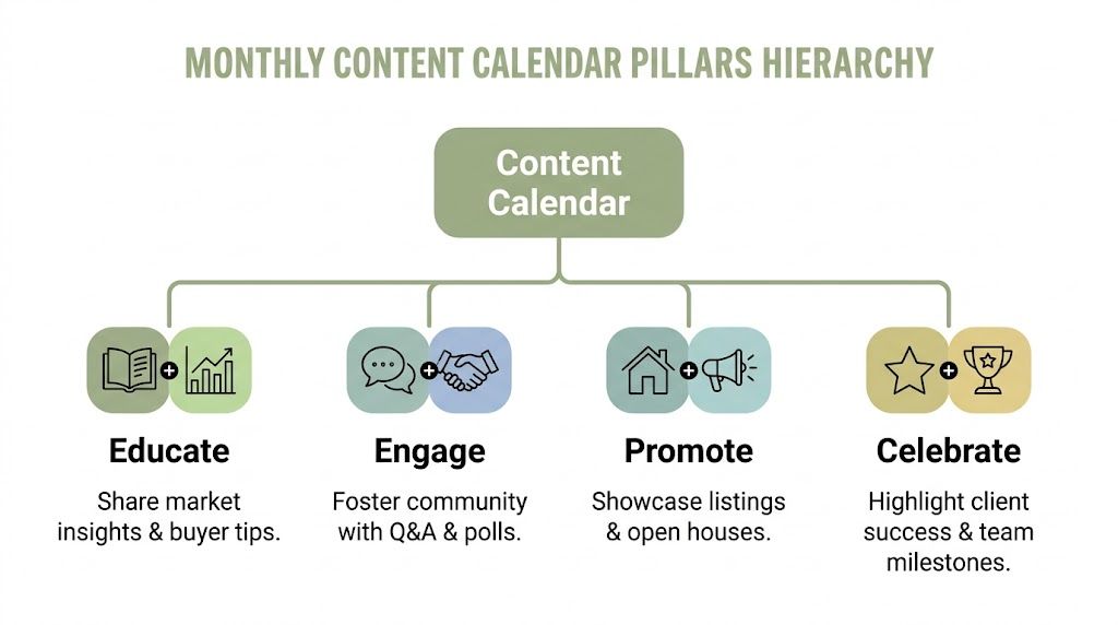 A diagram illustrating a monthly social media content strategy with pillars for educating, engaging, promoting, and celebrating.