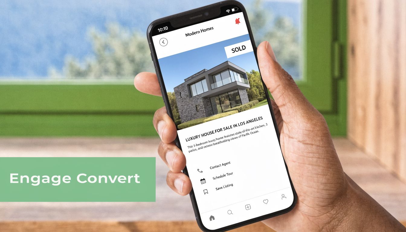 A hand holding a smartphone displaying a real estate app listing for a luxury house in Los Angeles.