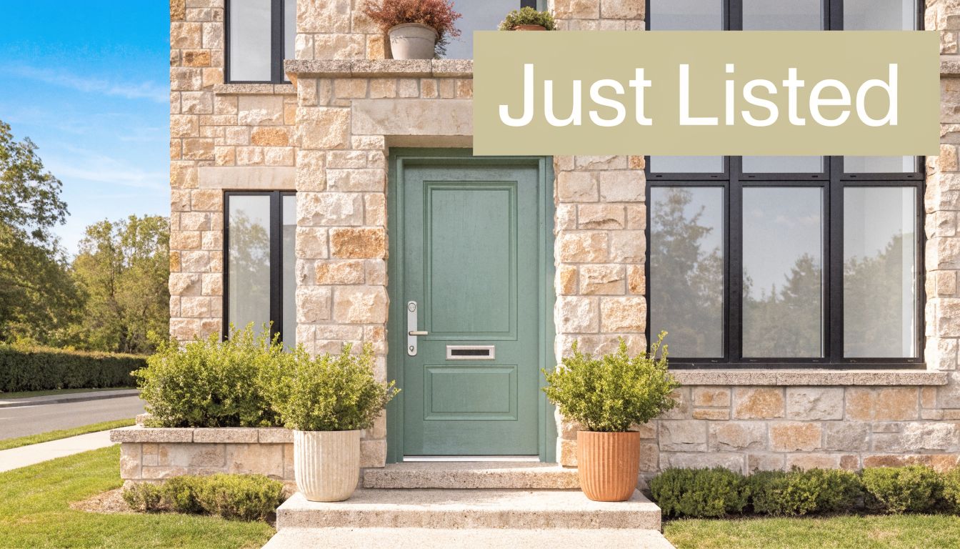 A modern stone house exterior with a green front door and potted plants under a Just Listed sign.