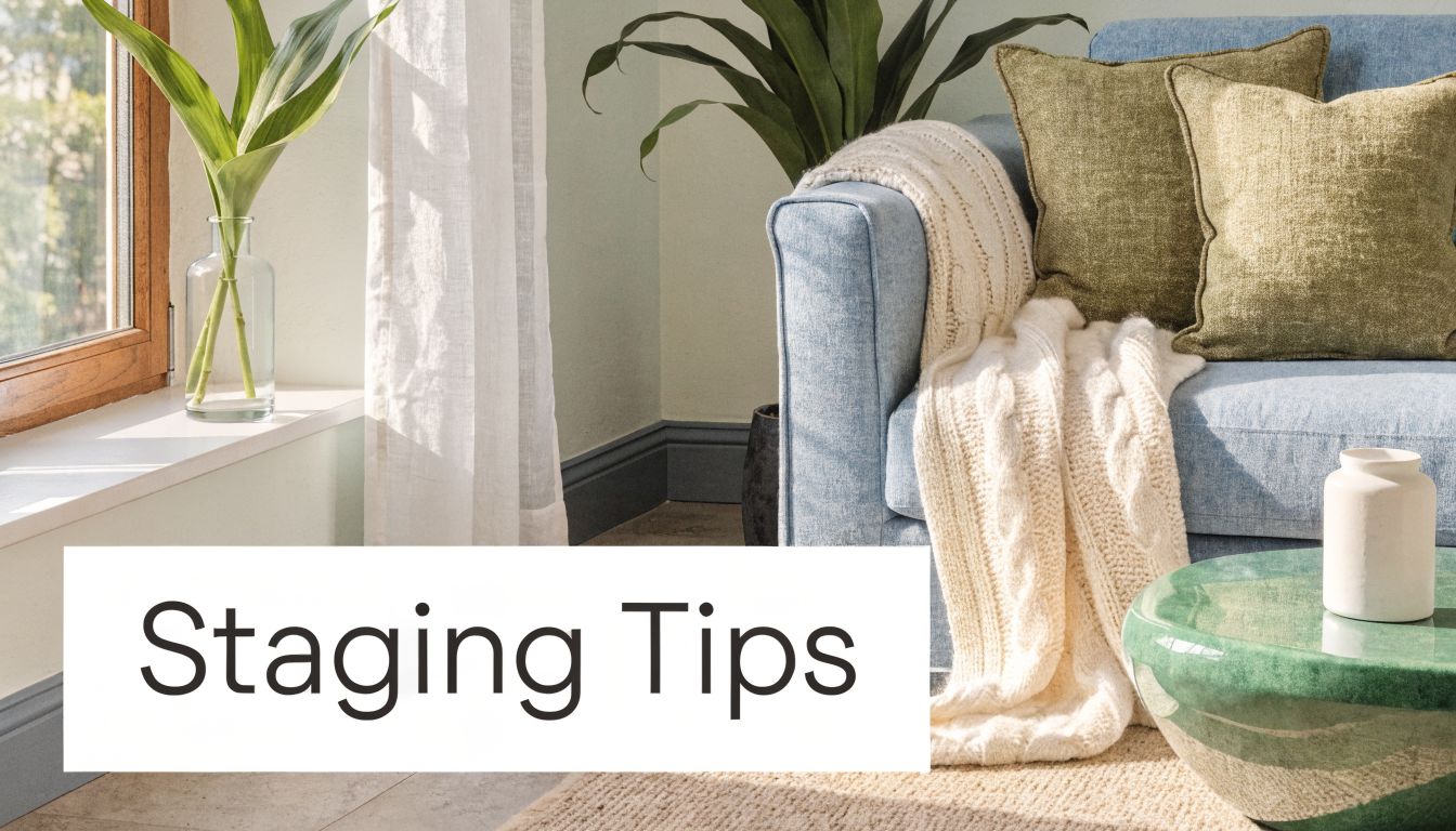 A cozy, well-staged living room corner featuring a blue sofa, green pillows, and home decor items.