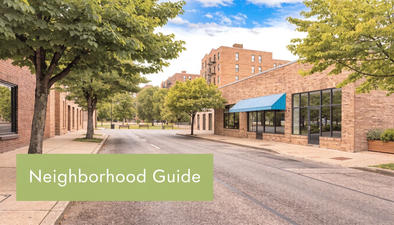 A quiet brick-lined neighborhood street with trees, store fronts, and a Neighborhood Guide overlay text.