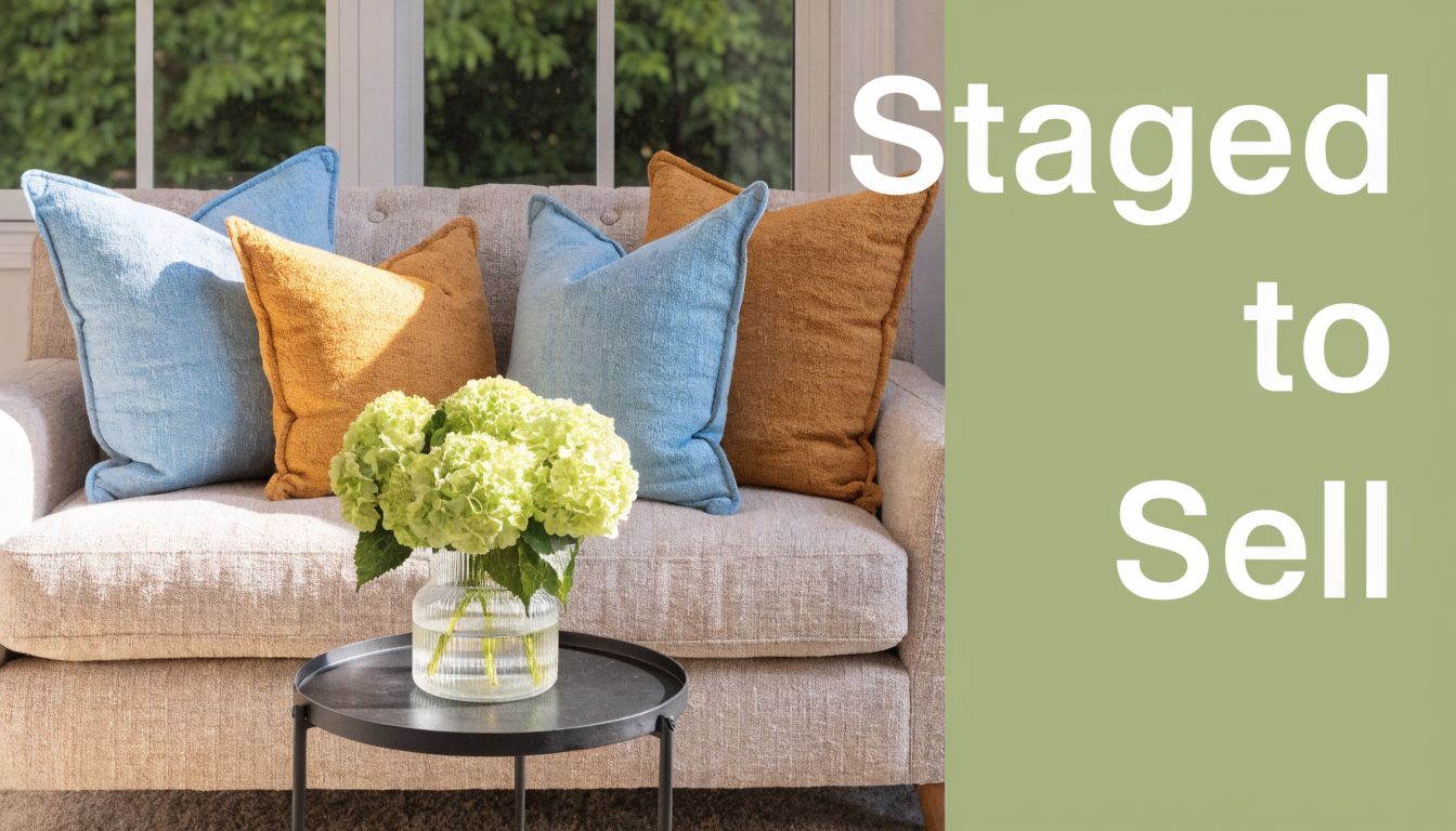 A beige couch decorated with light blue and ochre throw pillows with a vase of hydrangeas on table.